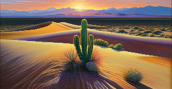 A peaceful desert scene with a Peyote cactus at sunset, showcasing warm colors in the sky and soft sand dunes.