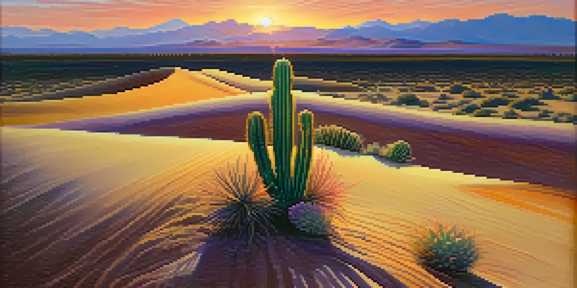 A peaceful desert scene with a Peyote cactus at sunset, showcasing warm colors in the sky and soft sand dunes.