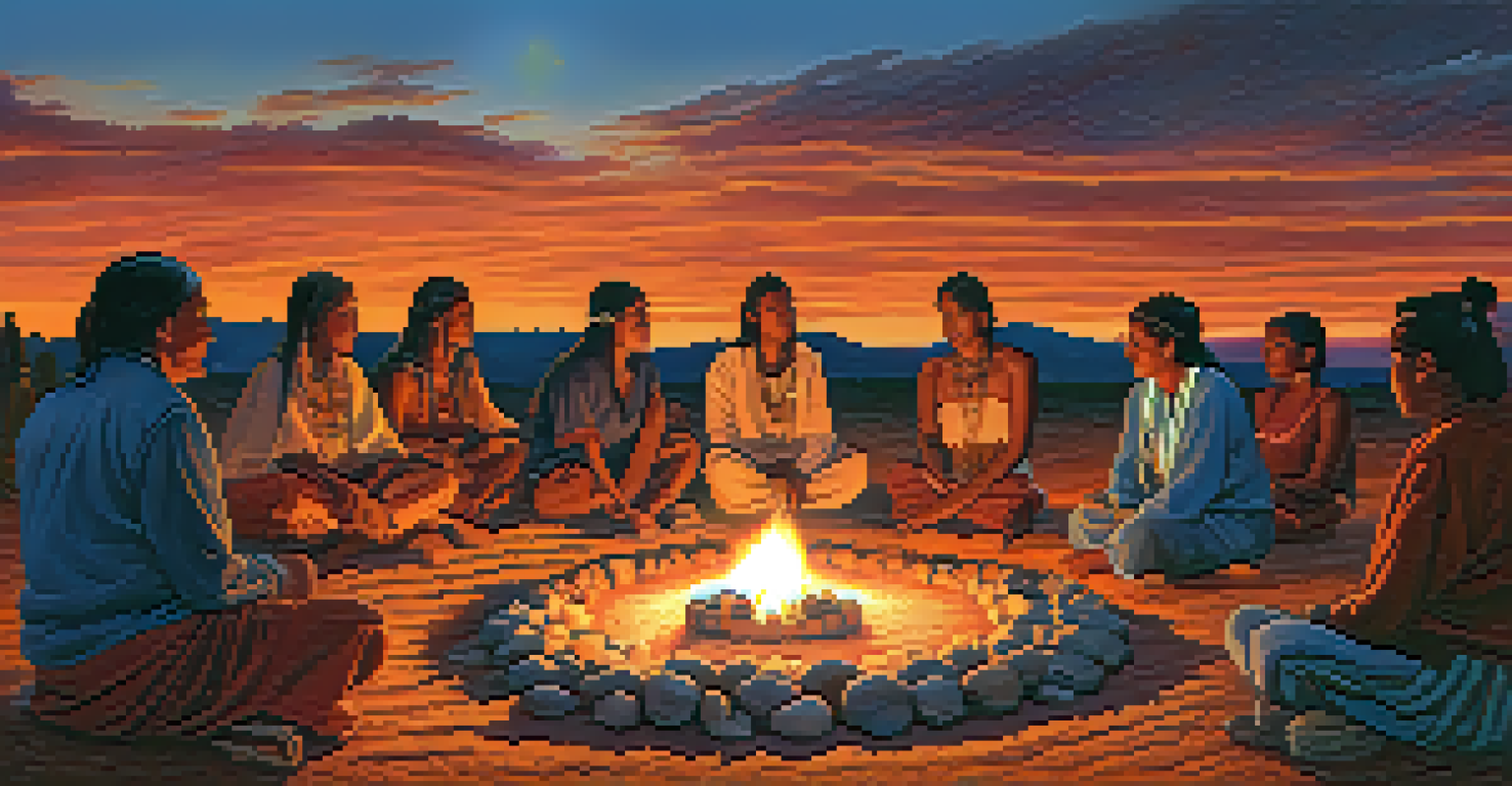A ceremonial gathering at dusk with participants around a fire, traditional attire, and peyote cacti, all under a colorful sky.