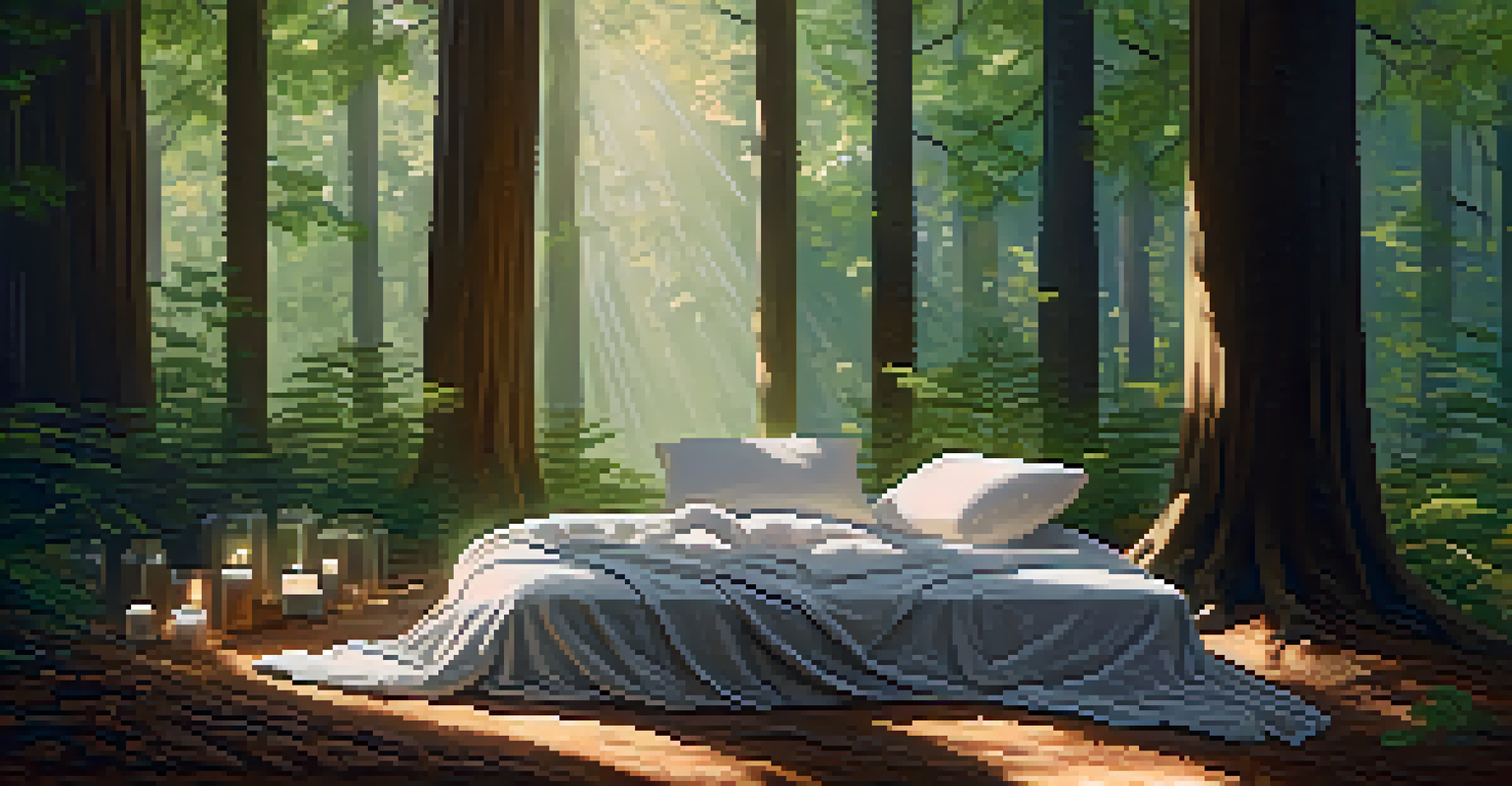 A peaceful forest scene with a blanket and crystals, surrounded by tall trees and sunlight filtering through the leaves.