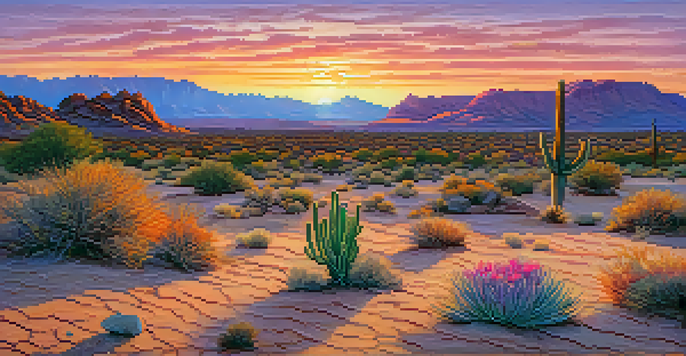 A tranquil desert scene at sunset with a small peyote cactus in the foreground and a colorful sky.