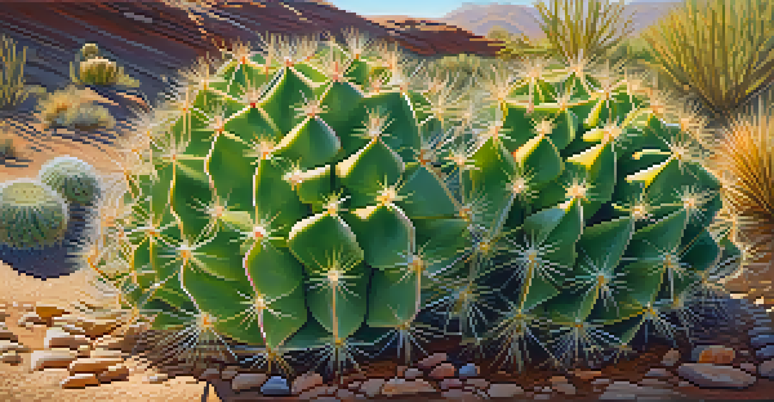 A close-up of a peyote cactus with spines and surrounding wildflowers under soft morning light.