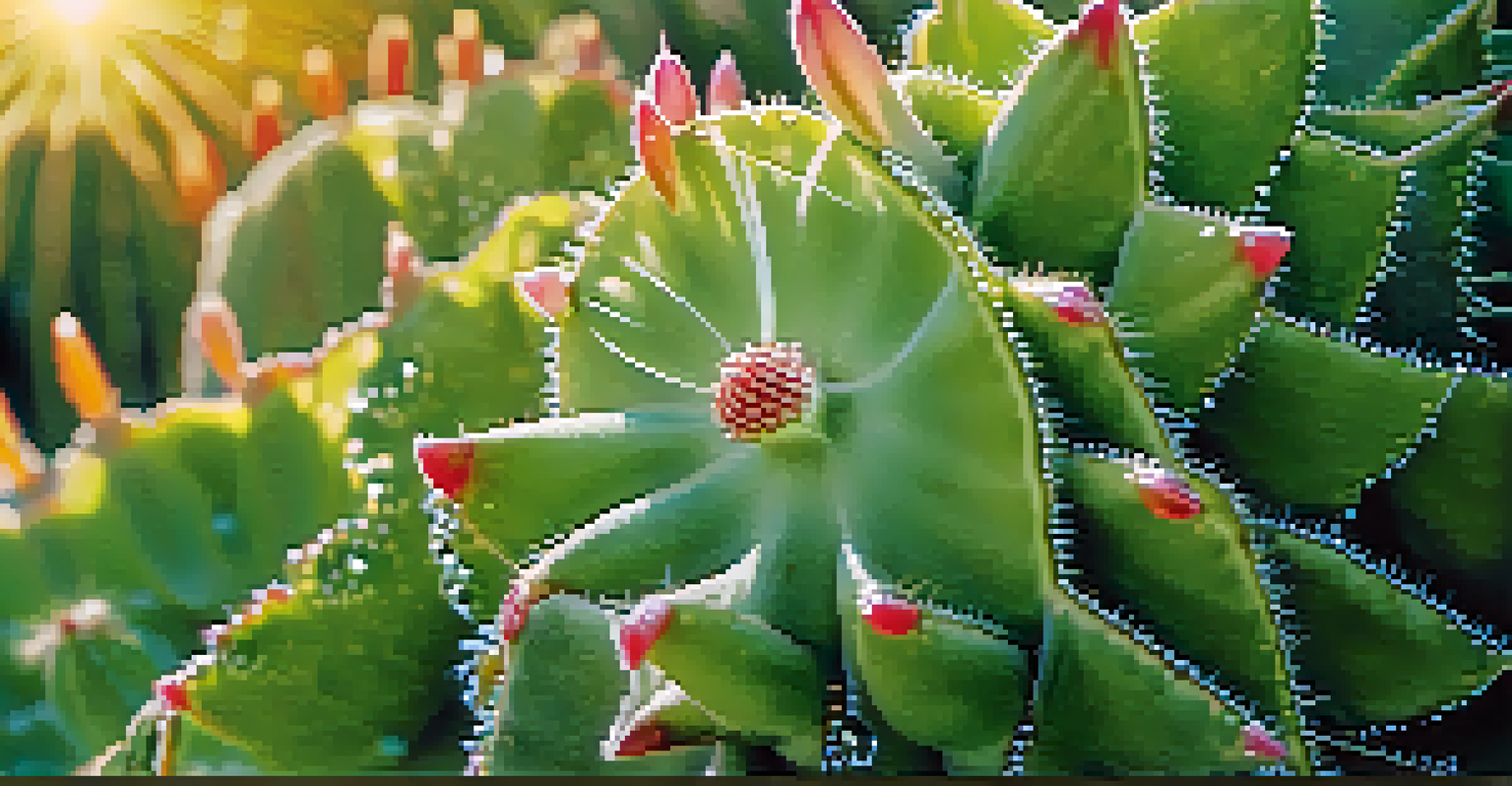 Close-up of a peyote cactus with dew drops, showcasing its texture and details against a blurred green background.