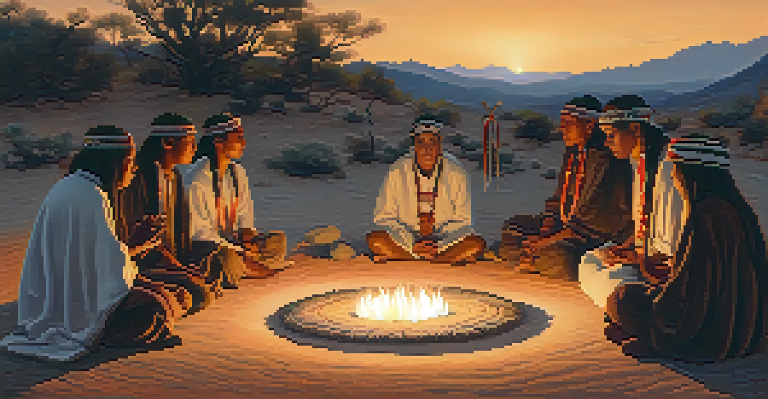 An Indigenous ceremony at dusk with participants sitting around a fire, illuminated by warm light, engaging in prayer and song.