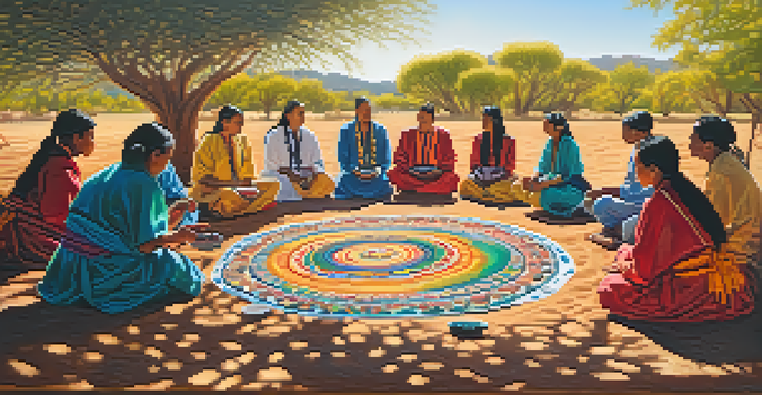Participants in a Peyote ceremony creating art outdoors in a natural setting, surrounded by colorful nature and soft sunlight.