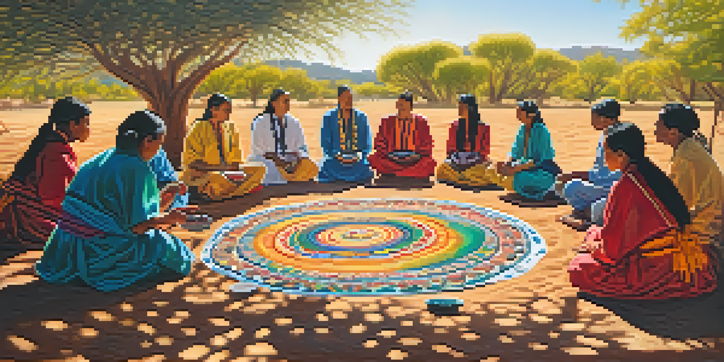 Participants in a Peyote ceremony creating art outdoors in a natural setting, surrounded by colorful nature and soft sunlight.