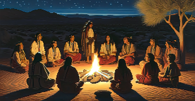 A group of Native American individuals in traditional attire gathered around a ceremonial fire at night, surrounded by desert flora and a starry sky.