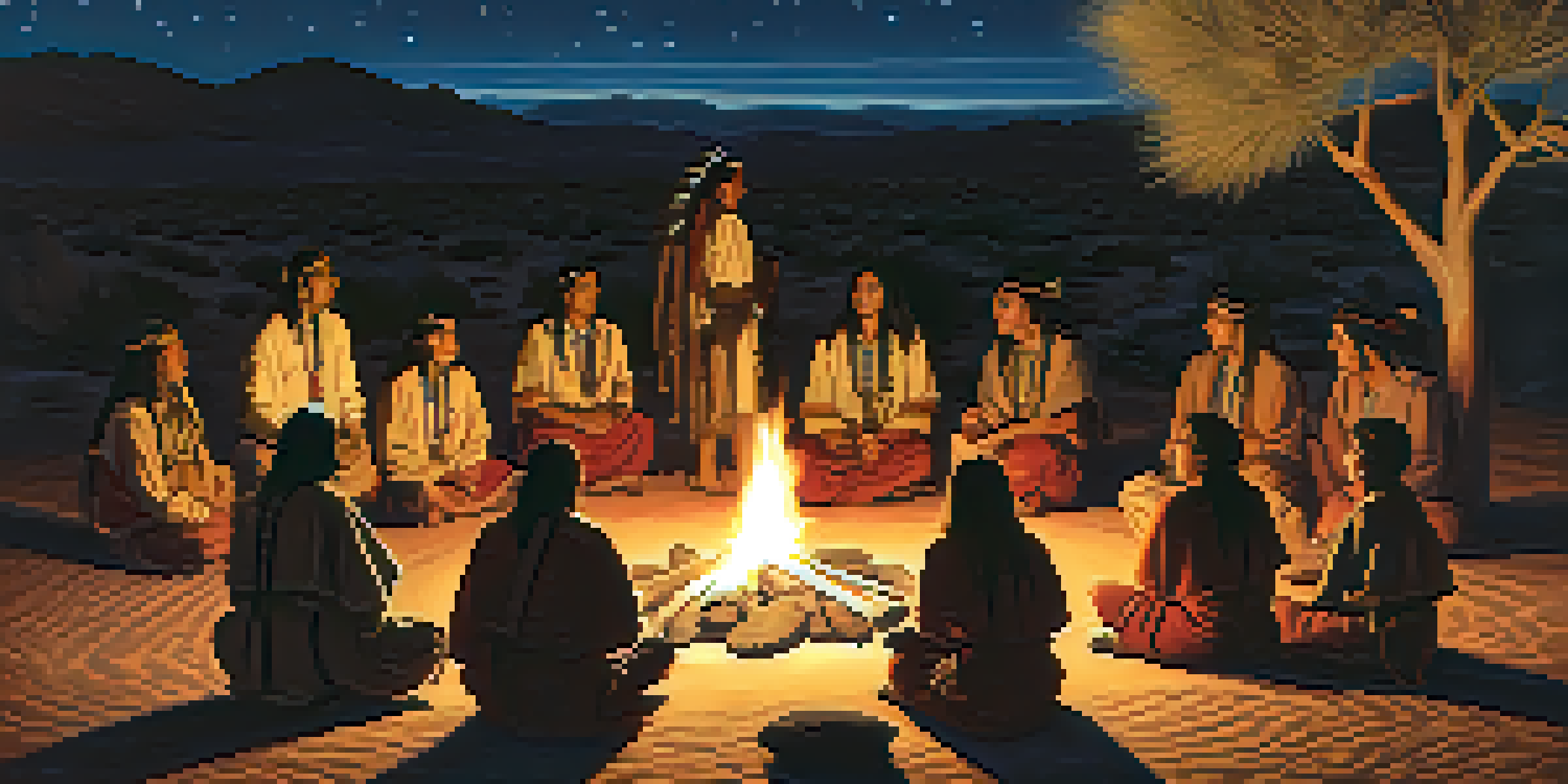A group of Native American individuals in traditional attire gathered around a ceremonial fire at night, surrounded by desert flora and a starry sky.