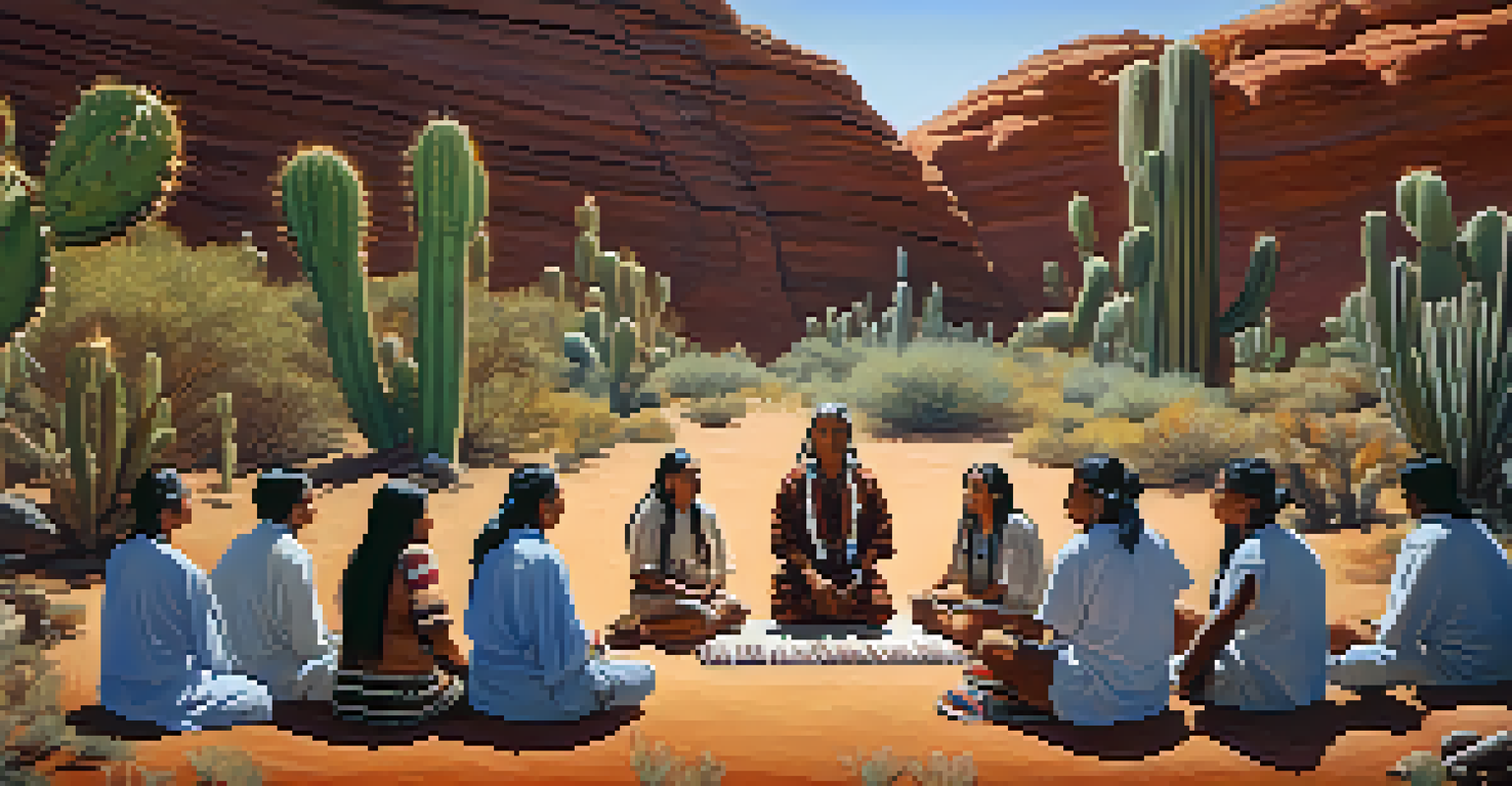 A group of Indigenous individuals participating in a spiritual ceremony in nature, with peyote cacti in the foreground.