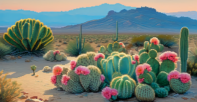A peaceful desert scene at sunrise, showcasing peyote cacti with pink flowers against a colorful sky.