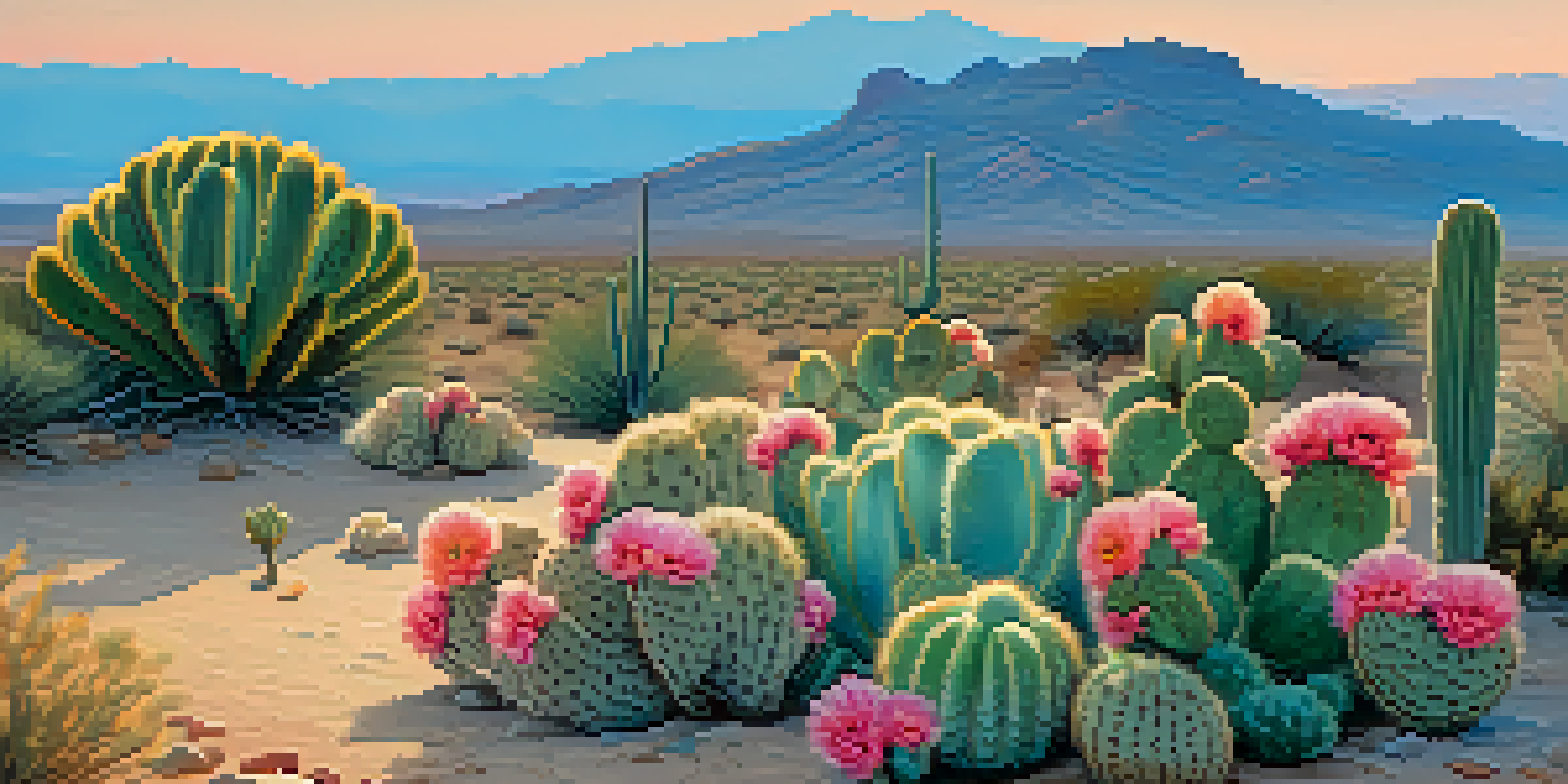 A peaceful desert scene at sunrise, showcasing peyote cacti with pink flowers against a colorful sky.