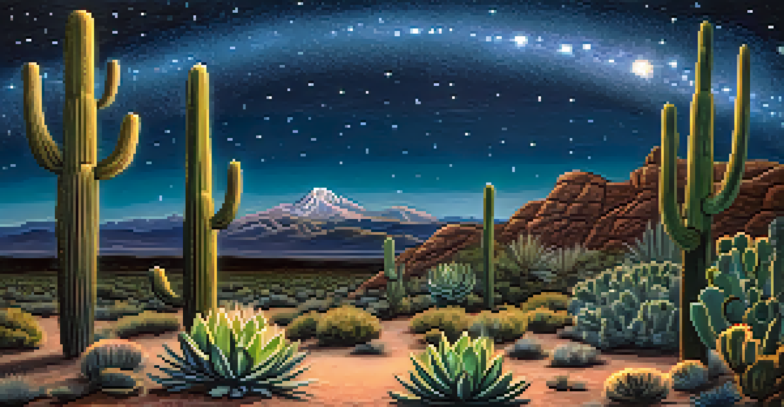 A peyote cactus in the foreground with mountains and a starry night sky in the background.