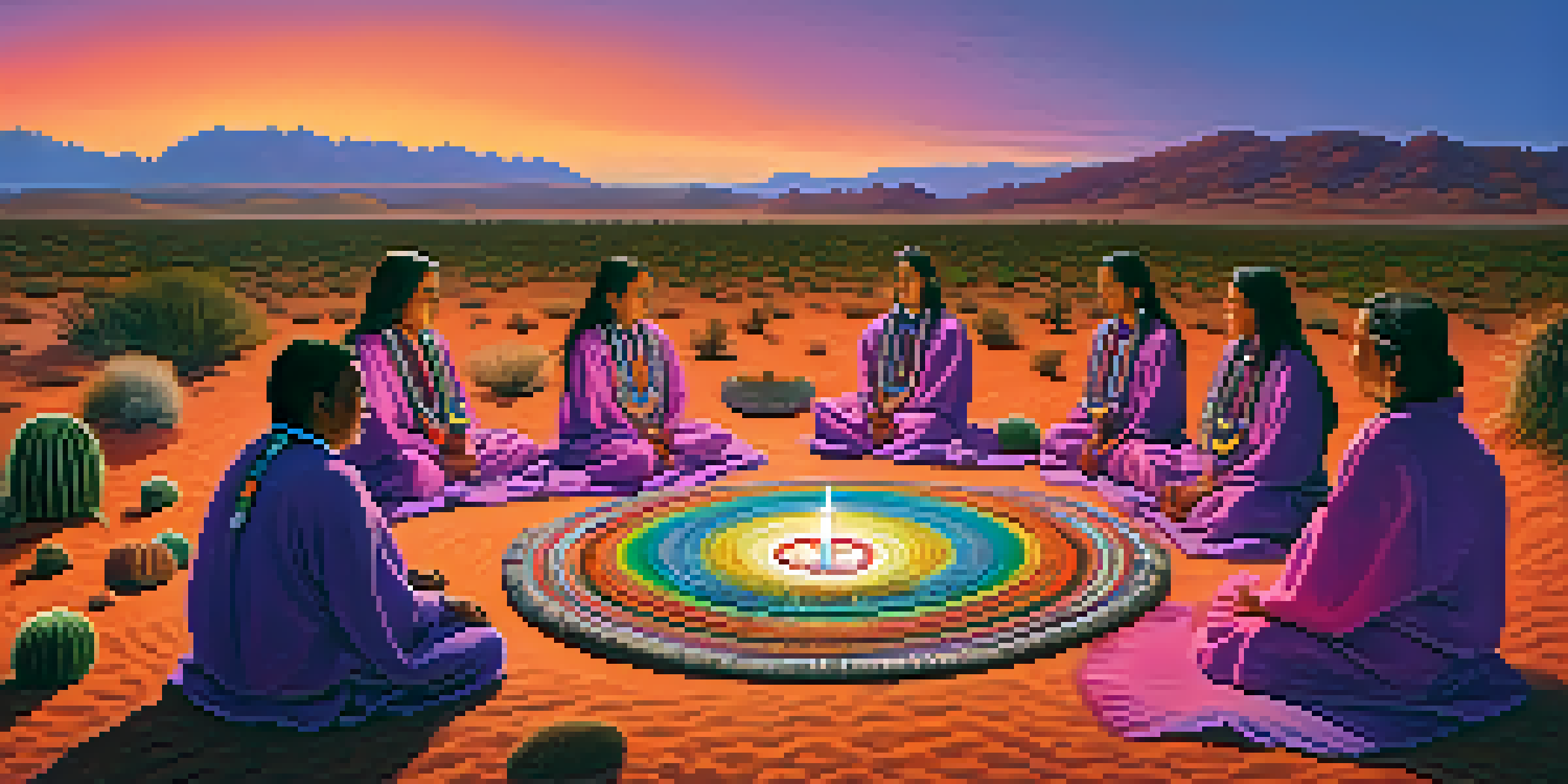 A peaceful peyote ceremony at sunset, featuring participants in traditional attire meditating in a circle on a desert landscape, surrounded by peyote cacti.