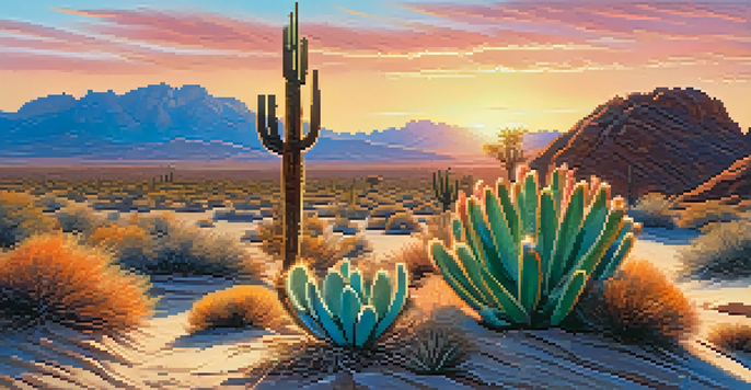 A tranquil desert scene with a peyote cactus in the foreground and mountains in the background, illuminated by a colorful sunrise.