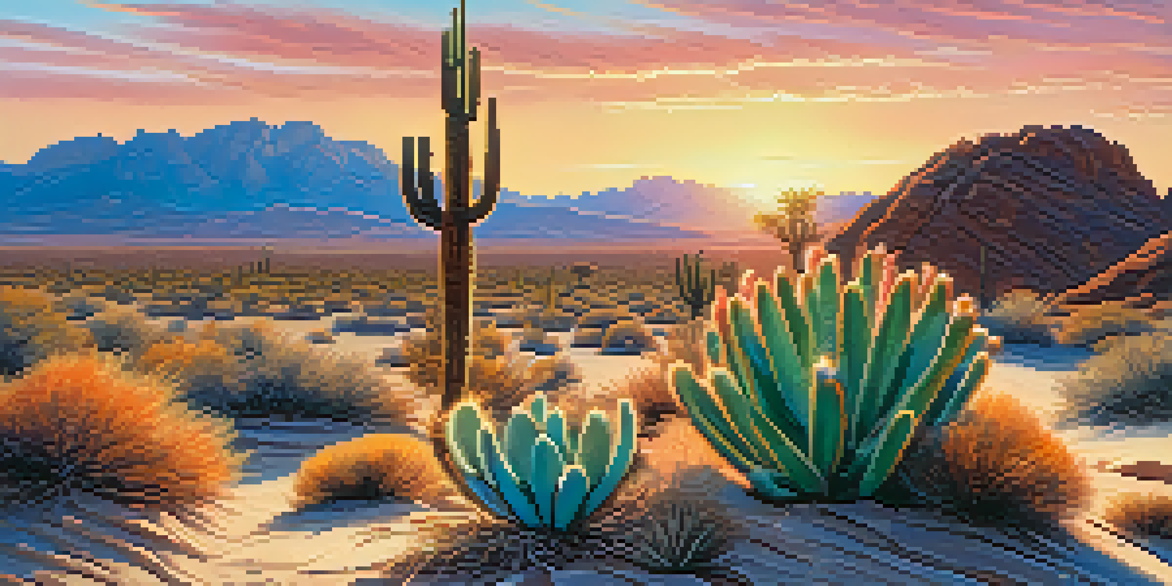 A tranquil desert scene with a peyote cactus in the foreground and mountains in the background, illuminated by a colorful sunrise.