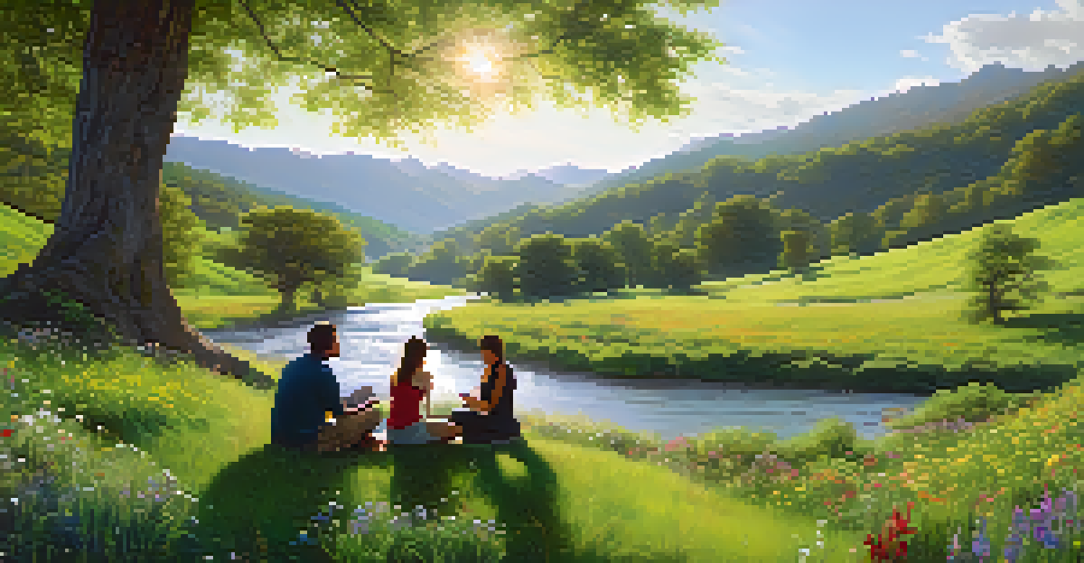 A peaceful scene of people discussing in a circle by a river in a green valley with flowers.