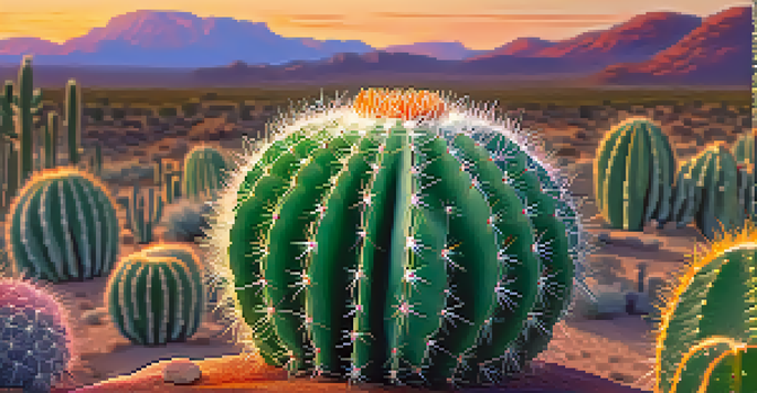 A close-up image of a peyote cactus with a soft-focus desert sunset background, showcasing its details against a colorful sky.