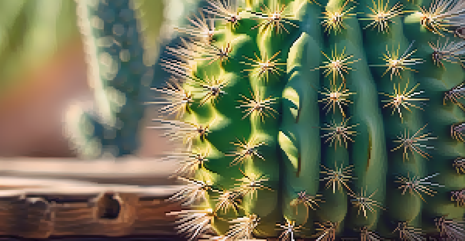 A close-up of a peyote cactus on a wooden table with sunlight highlighting its texture.