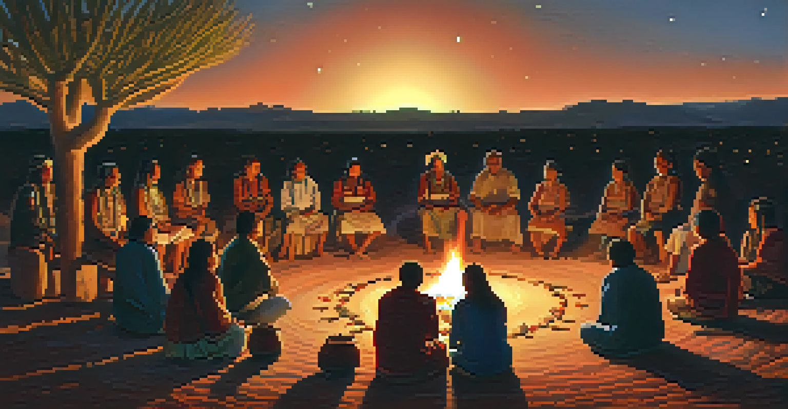 A nighttime gathering around a fire with people in a circle, featuring a peyote cactus at the center, surrounded by traditional artifacts.