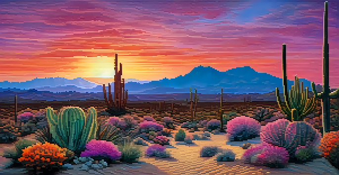 A picturesque desert scene with a Peyote cactus at sunset, featuring vibrant sky colors and distant mountains.
