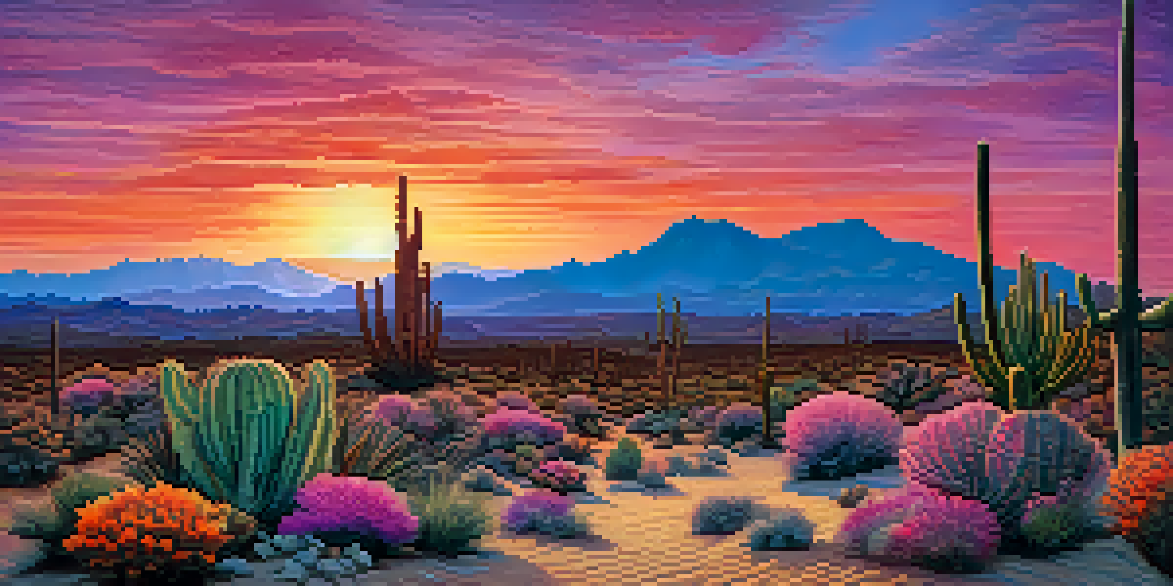 A picturesque desert scene with a Peyote cactus at sunset, featuring vibrant sky colors and distant mountains.