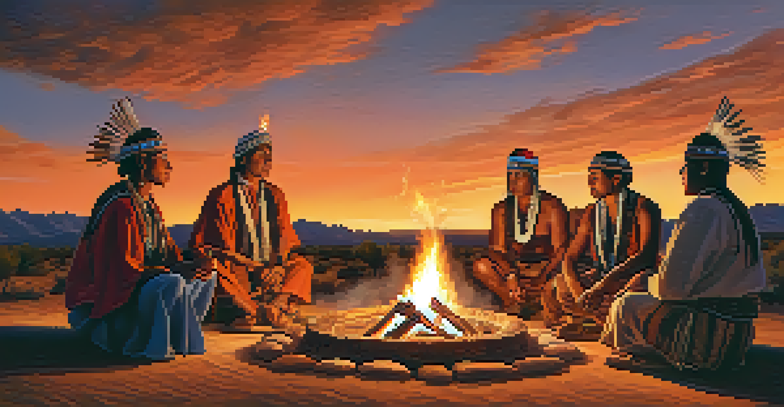 An outdoor Indigenous ceremony at sunset with participants in traditional attire sitting around a fire, surrounded by a desert landscape.