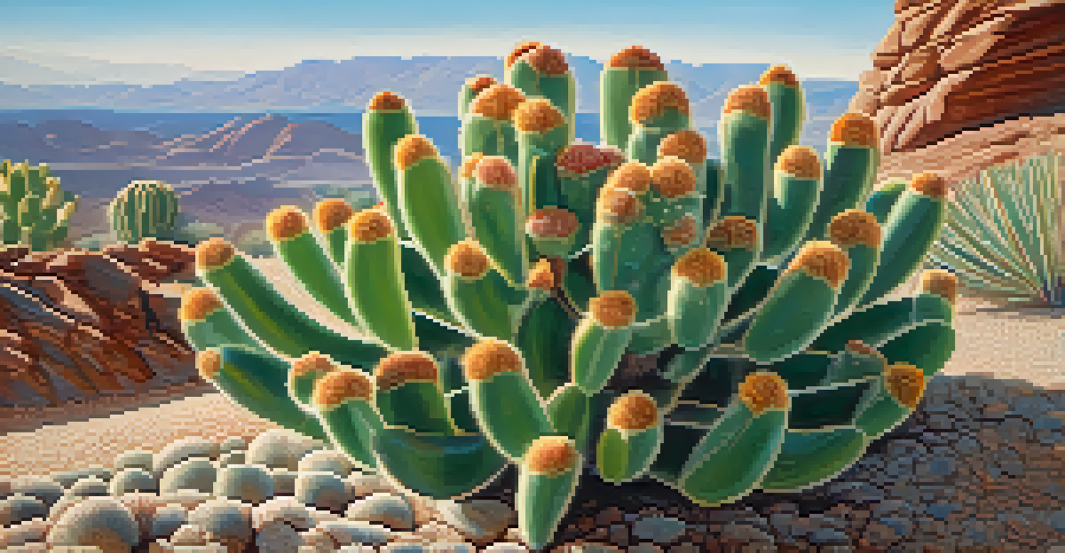 A detailed close-up of a peyote cactus with its unique texture and colors against a rocky background.
