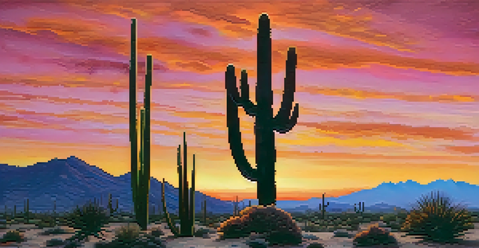 A tranquil desert scene featuring a peyote cactus in the foreground, with a vibrant sunset sky in shades of orange, pink, and purple illuminating the landscape.