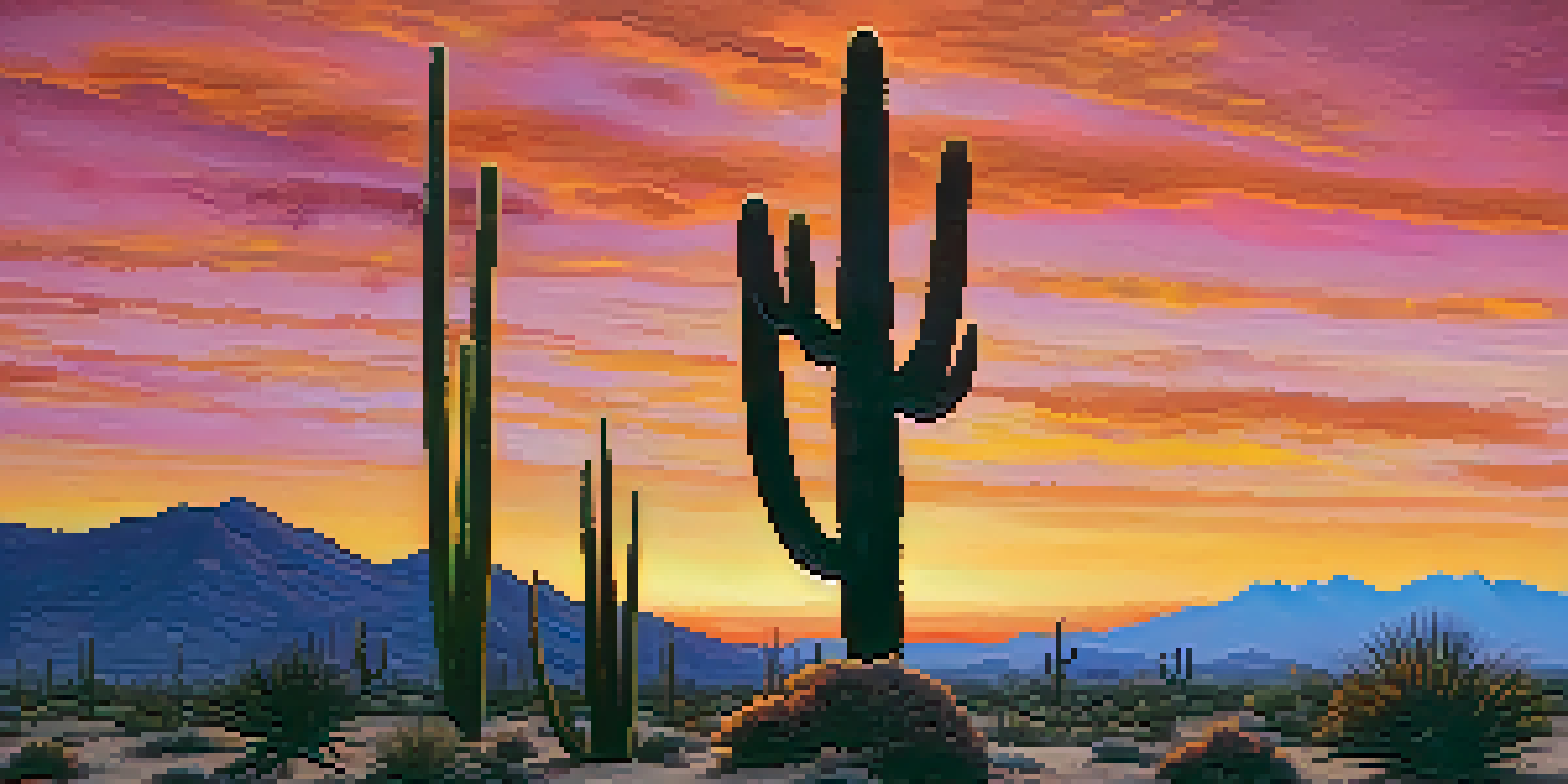 A tranquil desert scene featuring a peyote cactus in the foreground, with a vibrant sunset sky in shades of orange, pink, and purple illuminating the landscape.