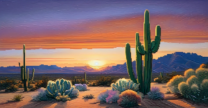 A peaceful desert scene with a peyote cactus under a colorful sunset sky.