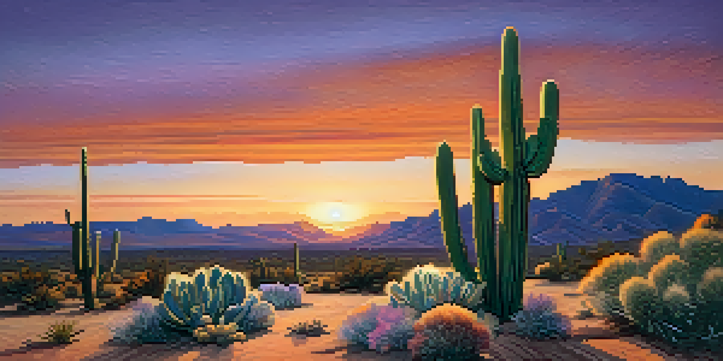 A peaceful desert scene with a peyote cactus under a colorful sunset sky.