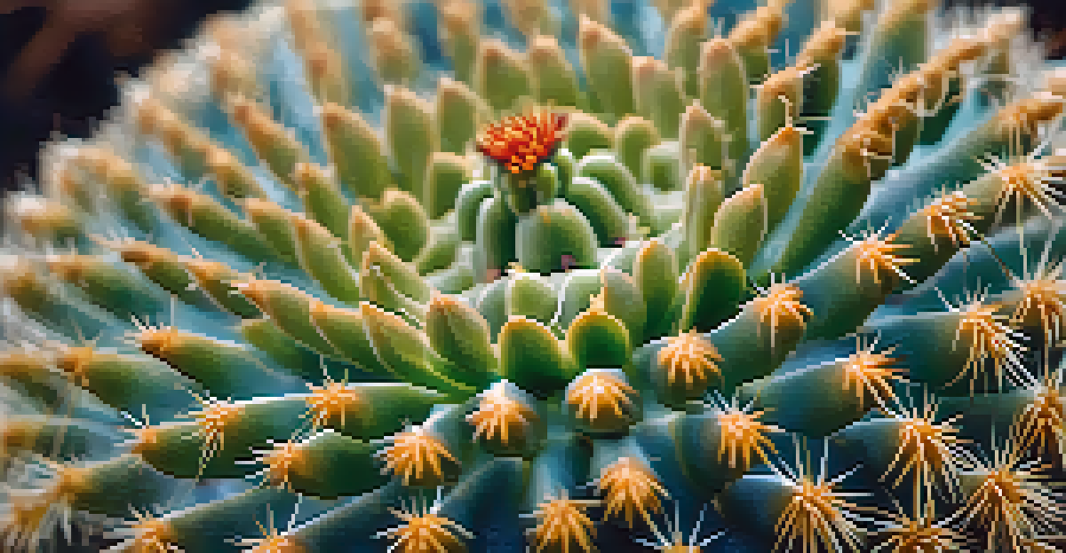 A detailed close-up of a peyote cactus, highlighting its spines and flowers with soft natural lighting.