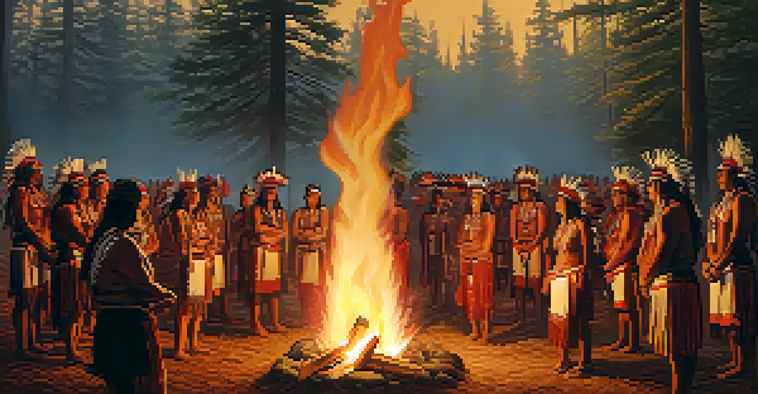 A ceremonial gathering of Native Americans around a fire, illuminated by warm flames in a forest setting.