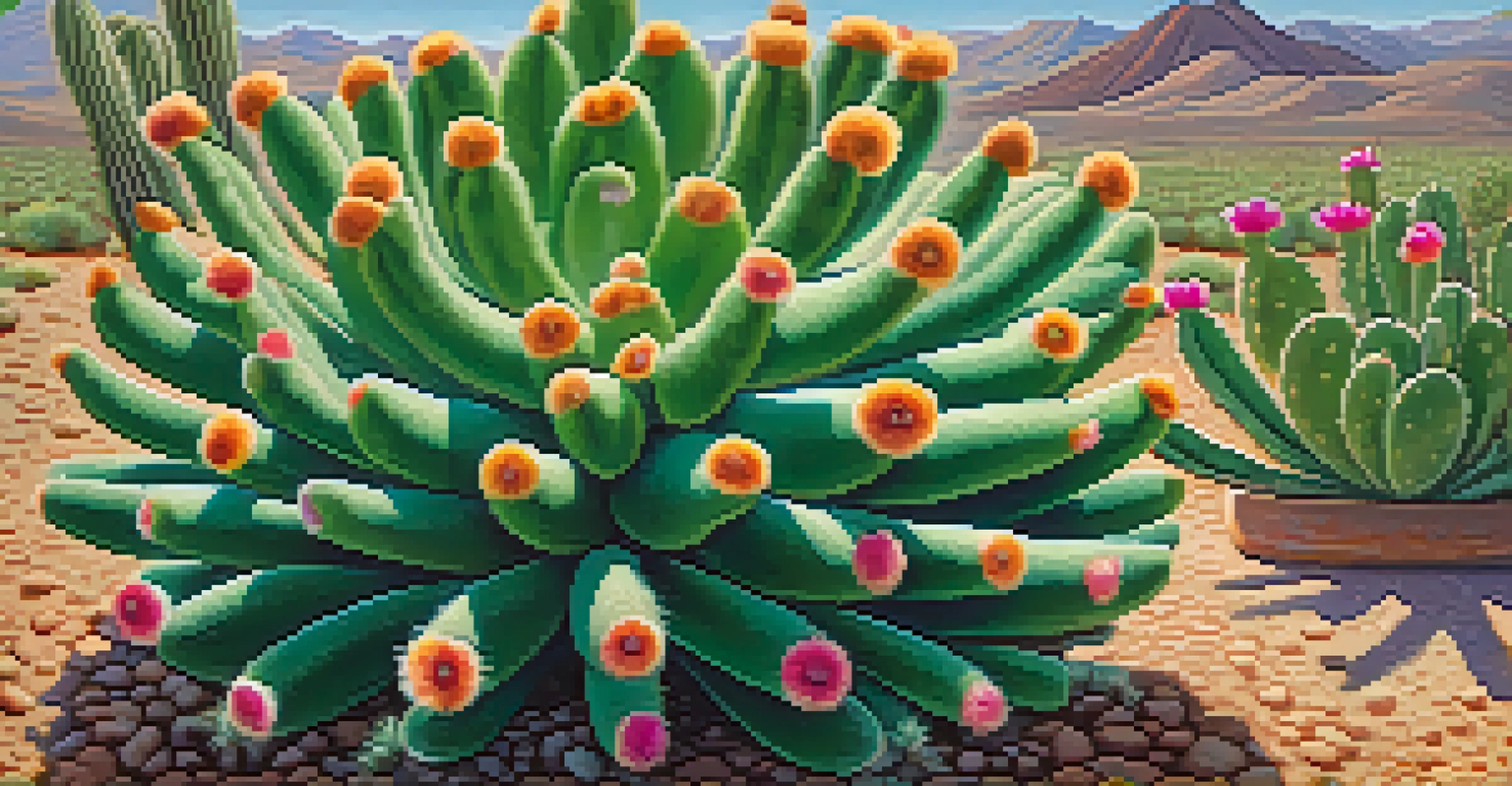 A detailed close-up of a peyote cactus showing its green body and colorful flowers against the earthy ground.