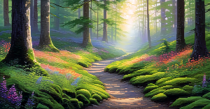 A tranquil forest at dawn with sunlight filtering through trees, lush green moss, colorful wildflowers, and a misty atmosphere.