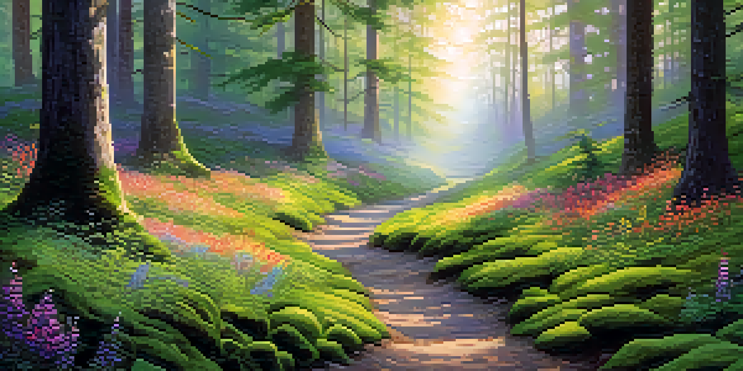 A tranquil forest at dawn with sunlight filtering through trees, lush green moss, colorful wildflowers, and a misty atmosphere.