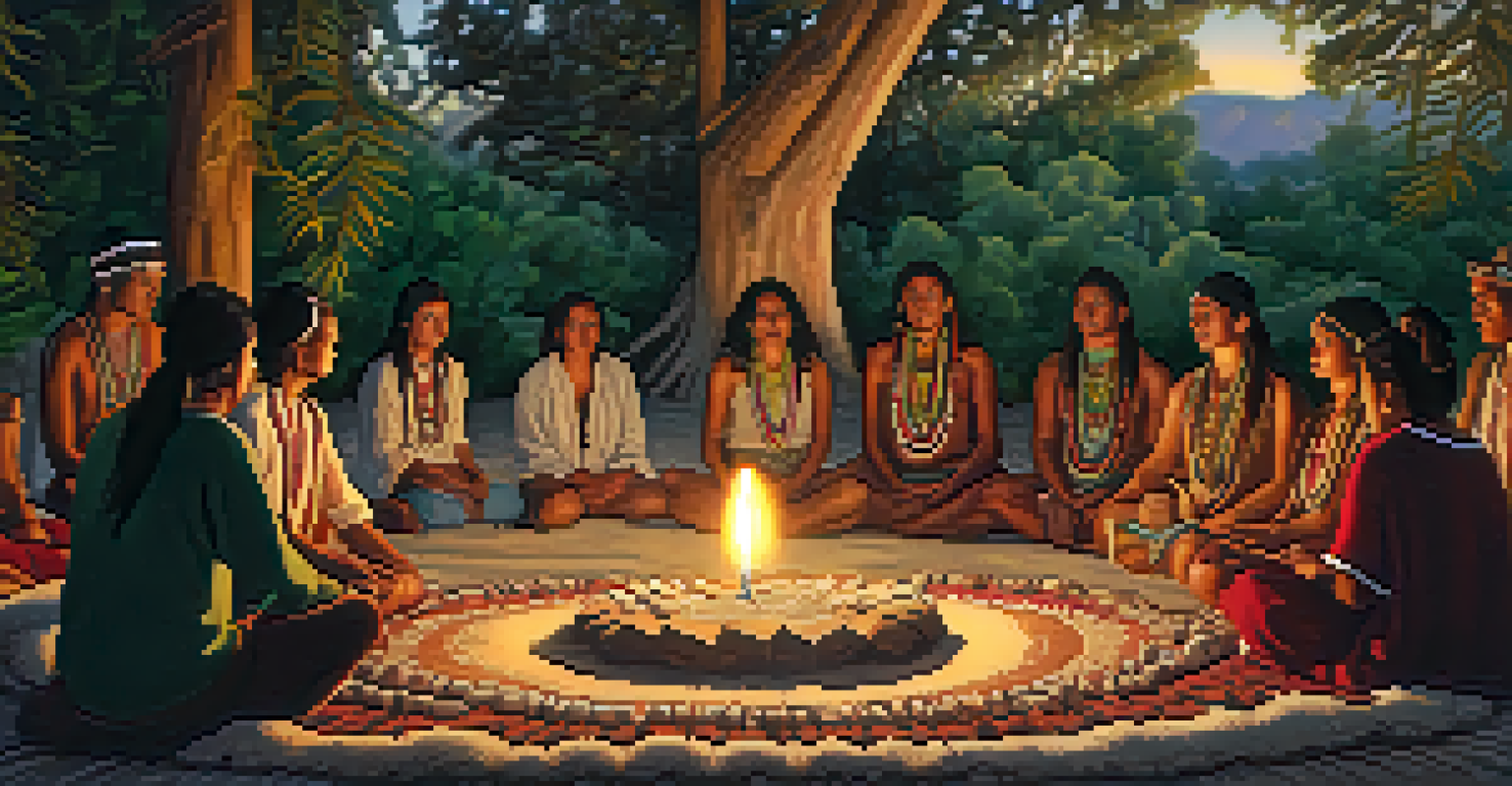 A circle of Indigenous individuals engaged in a peyote ceremony, with an altar in the center and warm candlelight illuminating the scene.