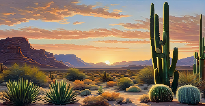A small peyote cactus in a desert landscape at sunrise, surrounded by colorful plants and softly lit clouds.