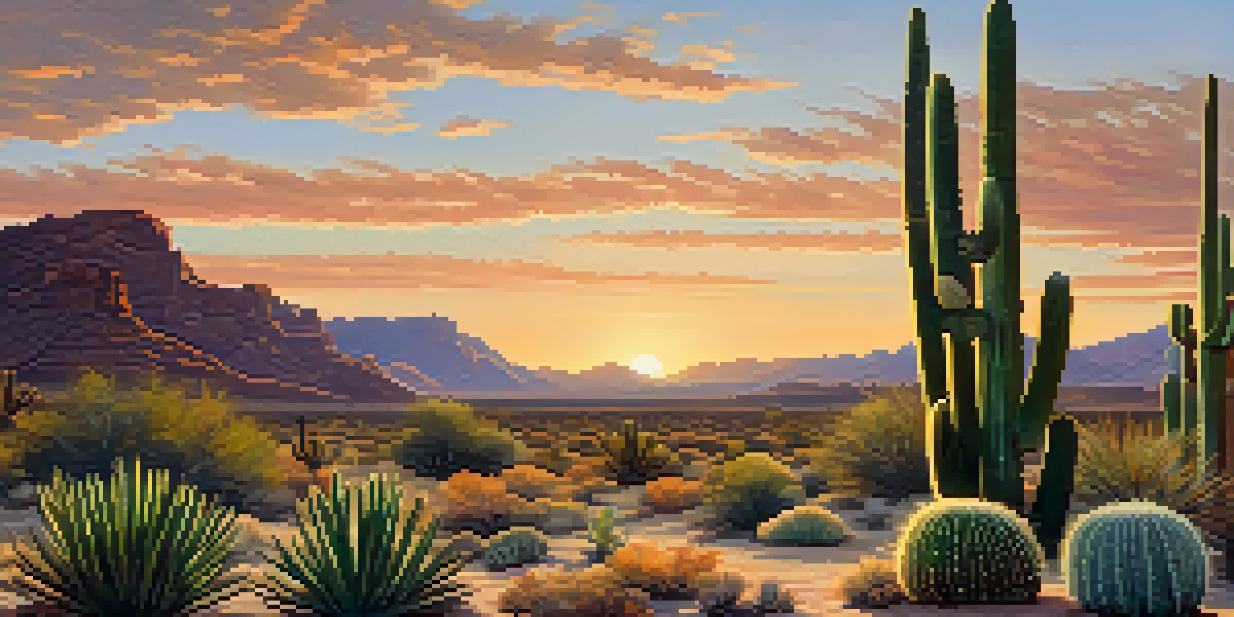 A small peyote cactus in a desert landscape at sunrise, surrounded by colorful plants and softly lit clouds.