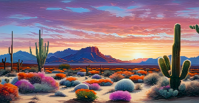 A peaceful desert scene at sunset with a small peyote cactus in the foreground, vibrant sky colors, and scattered stones and flowers.