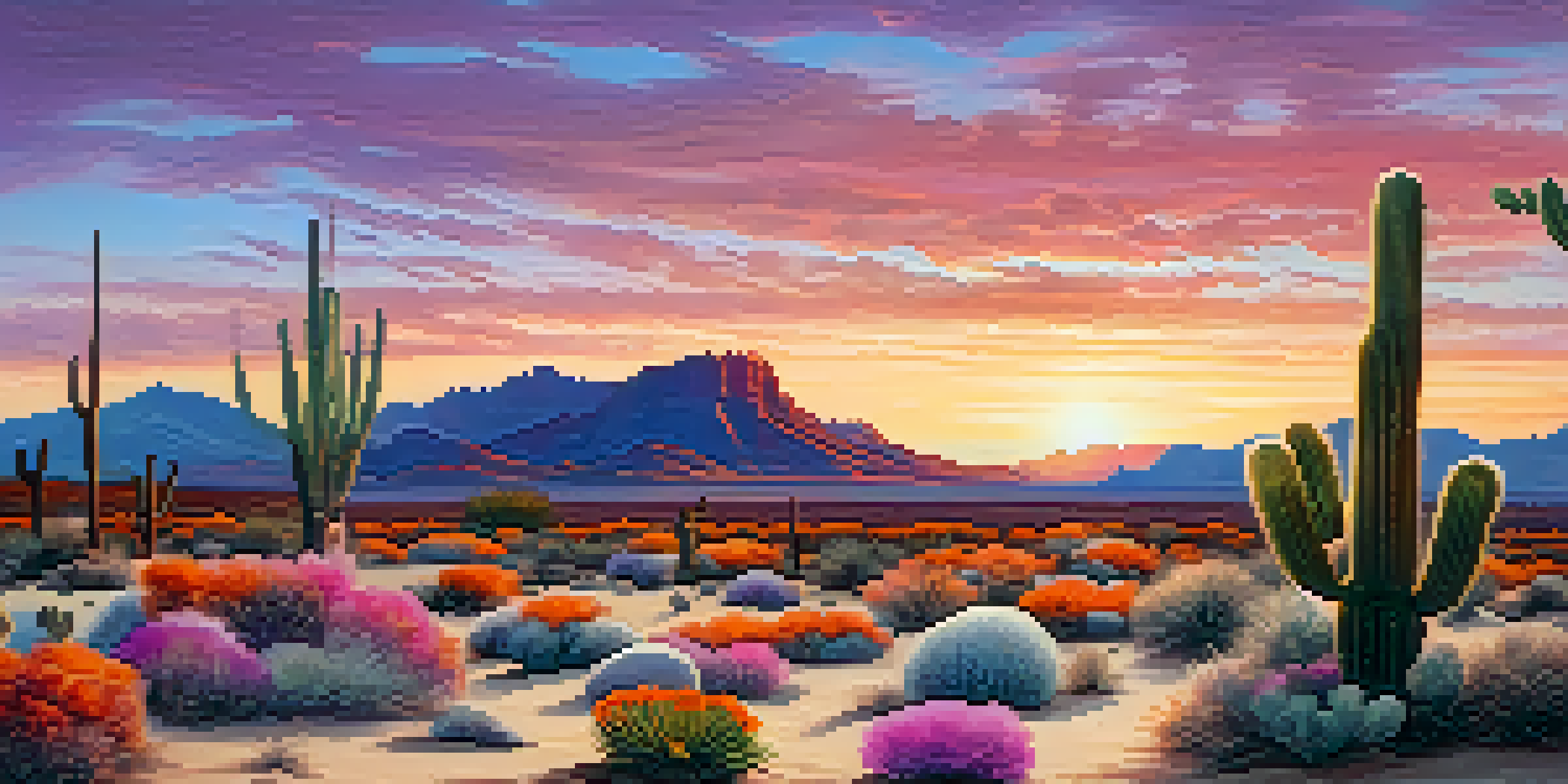 A peaceful desert scene at sunset with a small peyote cactus in the foreground, vibrant sky colors, and scattered stones and flowers.
