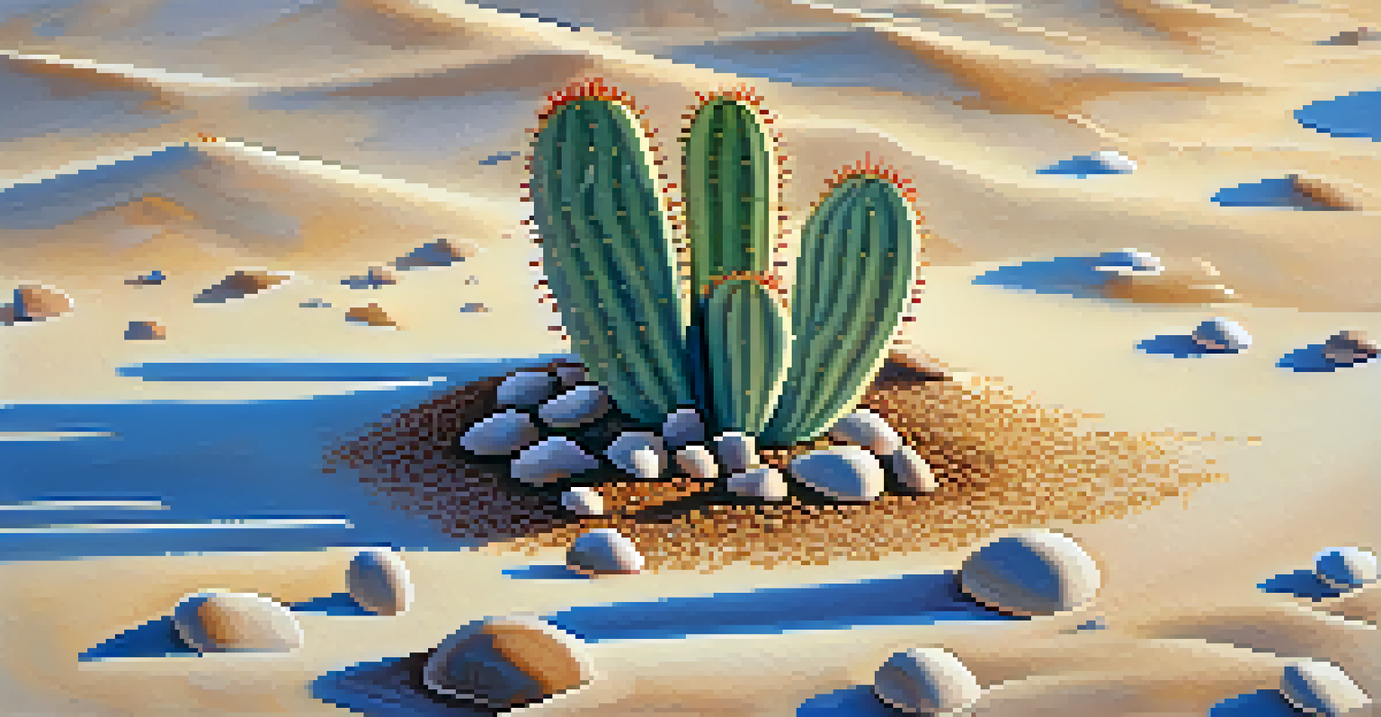A tranquil desert scene with a small peyote cactus surrounded by sand and pebbles under a clear blue sky.
