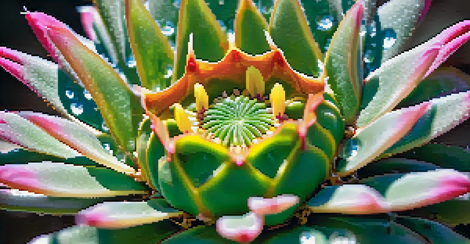 A close-up view of a peyote cactus covered in dew, surrounded by vibrant wildflowers and greenery.