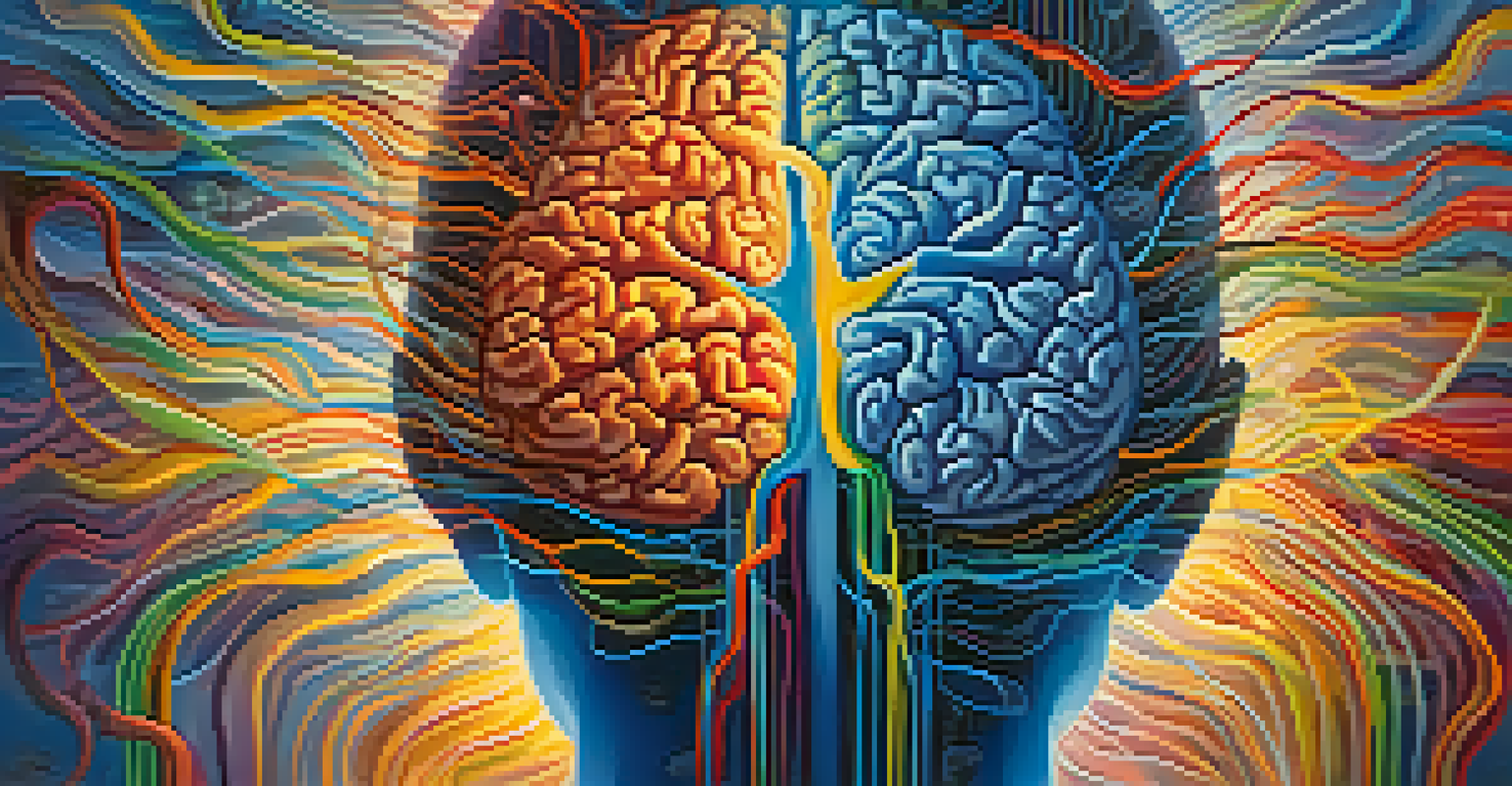 A colorful artistic depiction of a brain highlighting serotonin pathways and psychedelic effects.