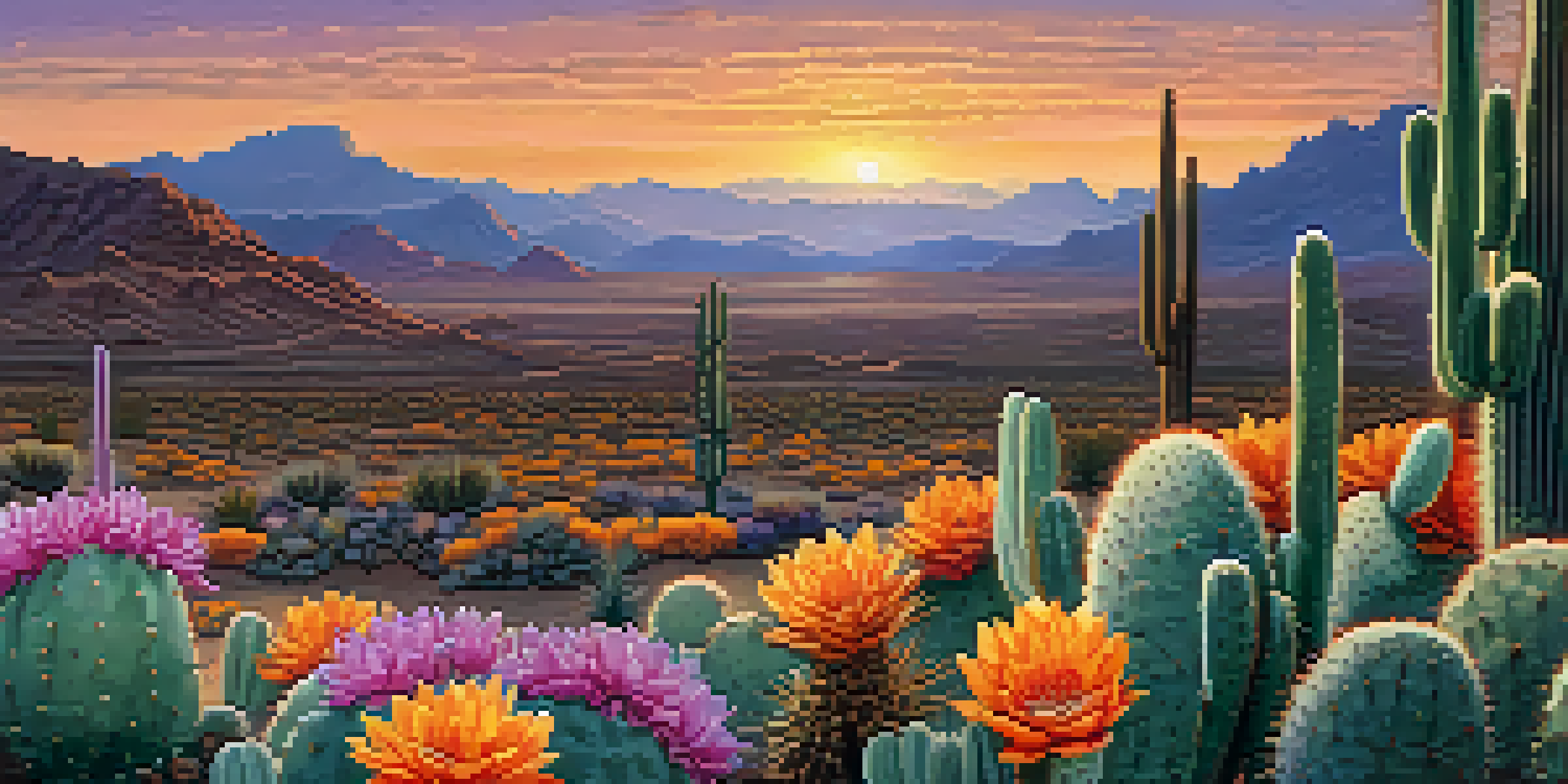 A peyote cactus in a desert landscape at sunset, with vibrant colors in the sky and detailed features of the cactus.