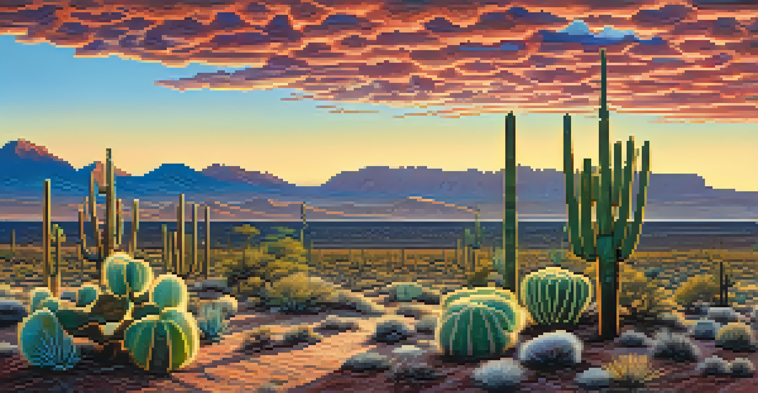 A sunrise over the Chihuahuan Desert, showcasing Peyote cacti and distant mountains.