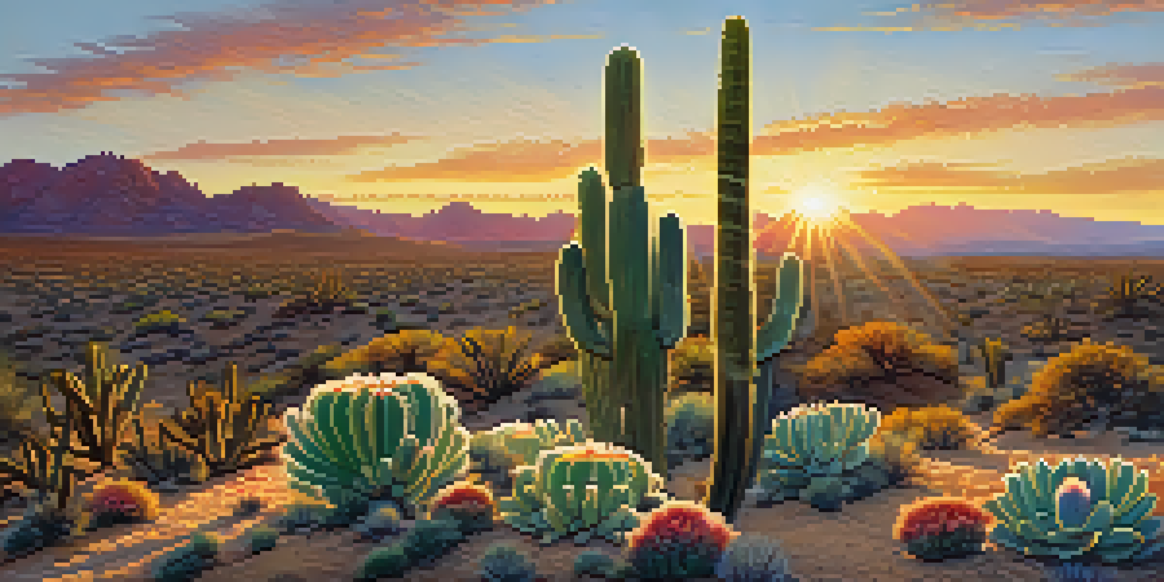 A peyote cactus in a desert landscape at sunset, with golden sunlight illuminating its spines and flowers.