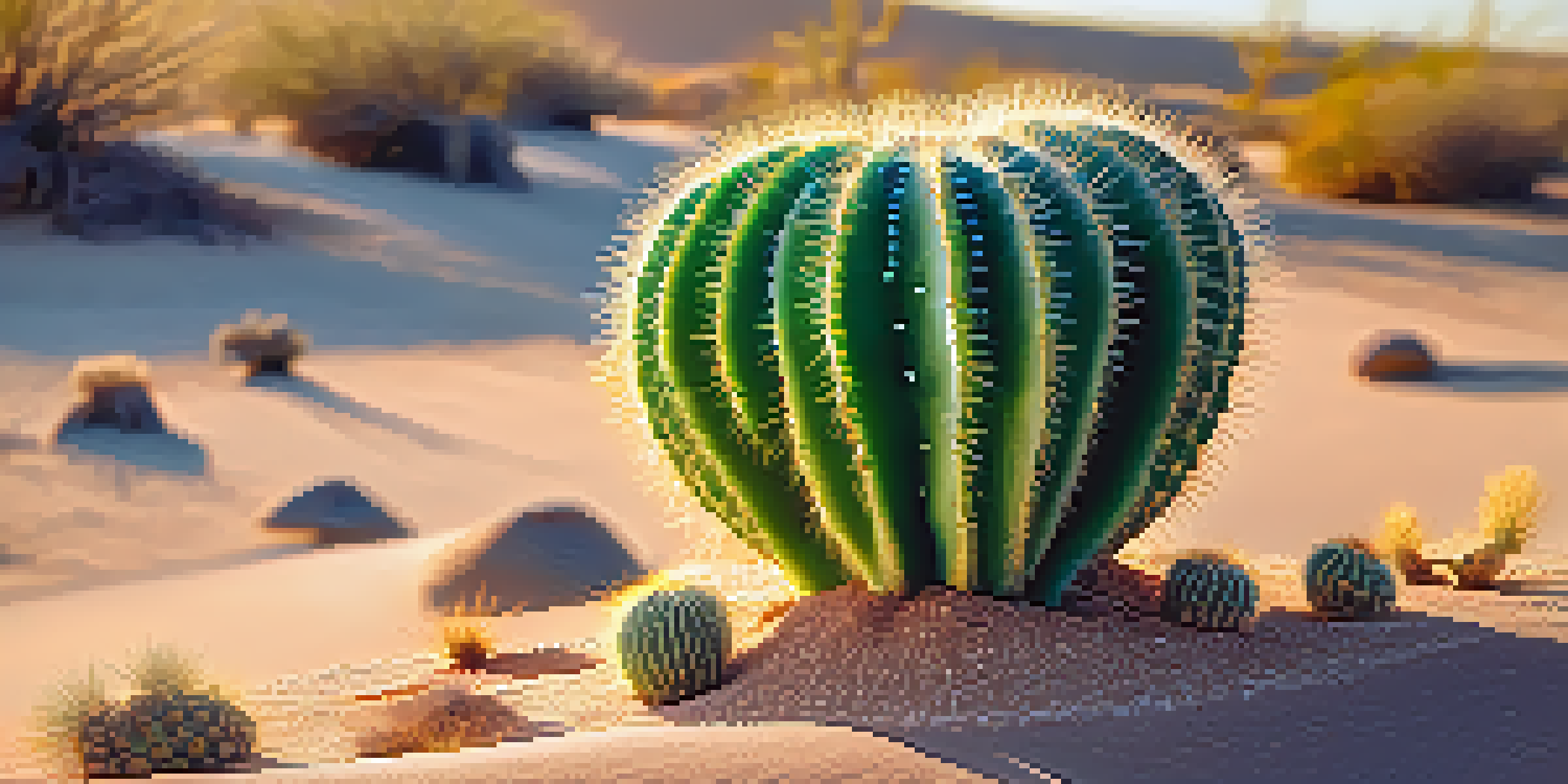 A detailed view of a peyote cactus with bright green skin and round buttons in a desert setting during sunset, showcasing its textures and colors.