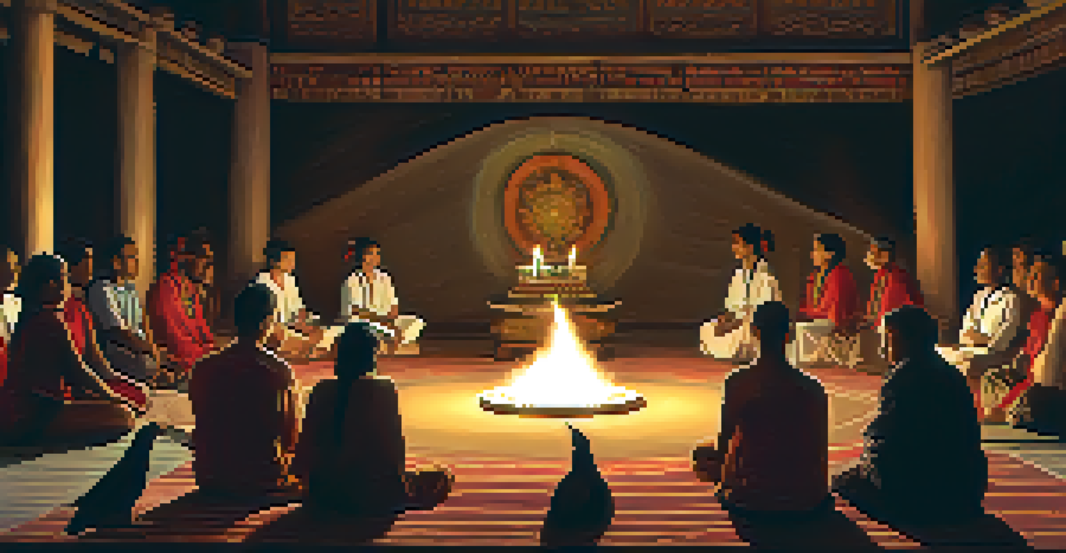A group of people in a circle participating in a peyote ceremony in a softly lit room.