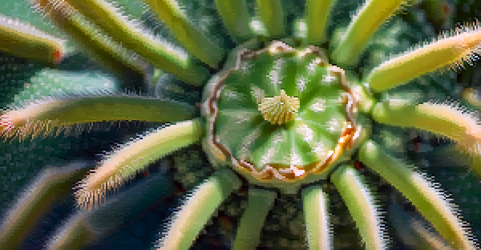 A close-up view of a Peyote cactus highlighting its textured surface and vibrant color against a blurred background.